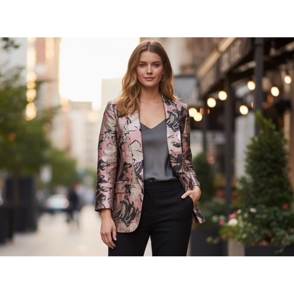 Anthropologie HUTCH Blazer Jacket Pink Floral 3/4 Sleeves Sz Small Shimmery Open